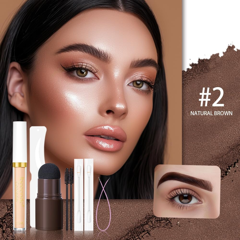 Eyebrow Stencil Kit, Professional Waterproof Brow Powder Stamp,One Step Brow Powder Stamp Makeup with 12 Reusable Eyebrow Stencils&1 Liquid Concealer 02# (Natural Brow)