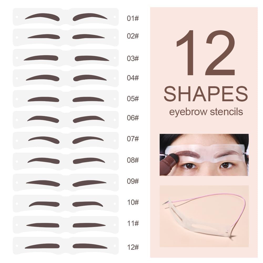 Eyebrow Stencil Kit, Professional Waterproof Brow Powder Stamp,One Step Brow Powder Stamp Makeup with 12 Reusable Eyebrow Stencils&1 Liquid Concealer 02# (Natural Brow)