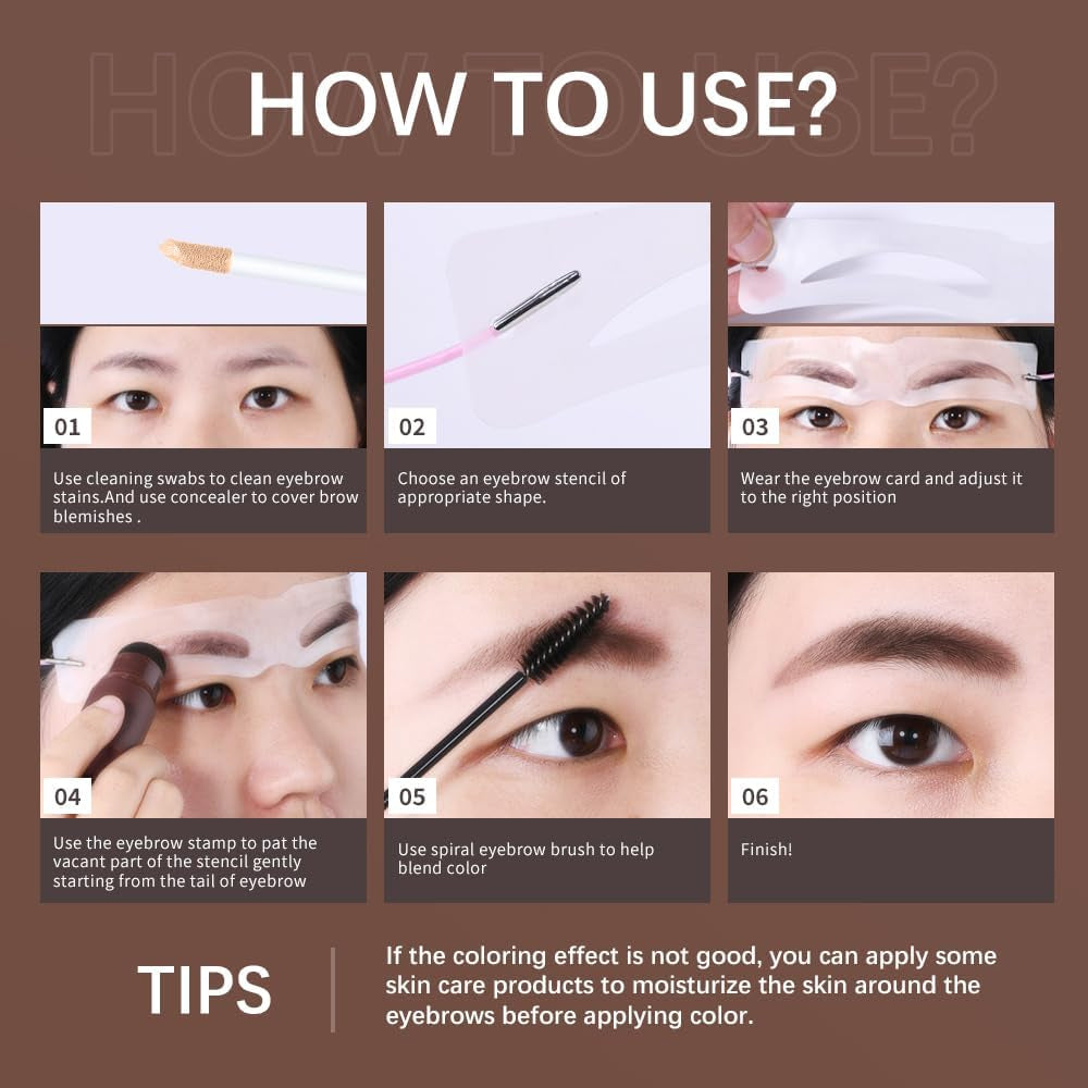 Eyebrow Stencil Kit, Professional Waterproof Brow Powder Stamp,One Step Brow Powder Stamp Makeup with 12 Reusable Eyebrow Stencils&1 Liquid Concealer 02# (Natural Brow)
